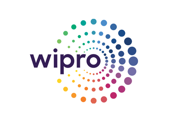 Wipro logo featuring a colorful spiral of dots transitioning through the rainbow spectrum.