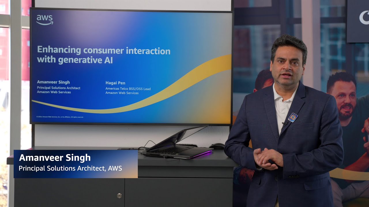 Amanveer Singh, Principal Solutions Architect at AWS, presents on enhancing consumer interaction with generative AI. The background features a presentation screen and conference setup.