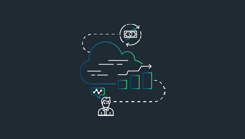 Illustration of a cloud with data flow symbols, a bar chart, a dollar bill, and a person with a speech bubble showing a graph.