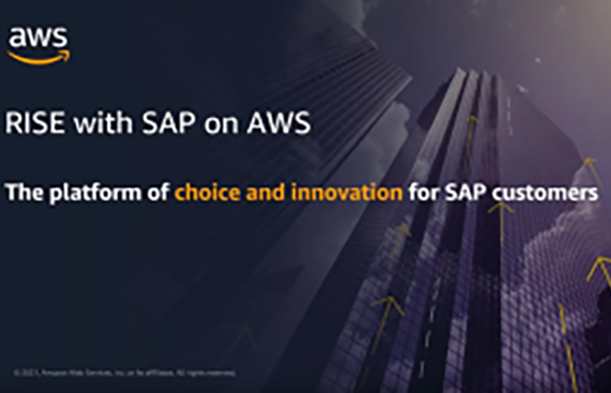 Promotional image featuring the text 'RISE with SAP on AWS: The platform of choice and innovation for SAP customers' with the AWS logo and a city skyscraper background.