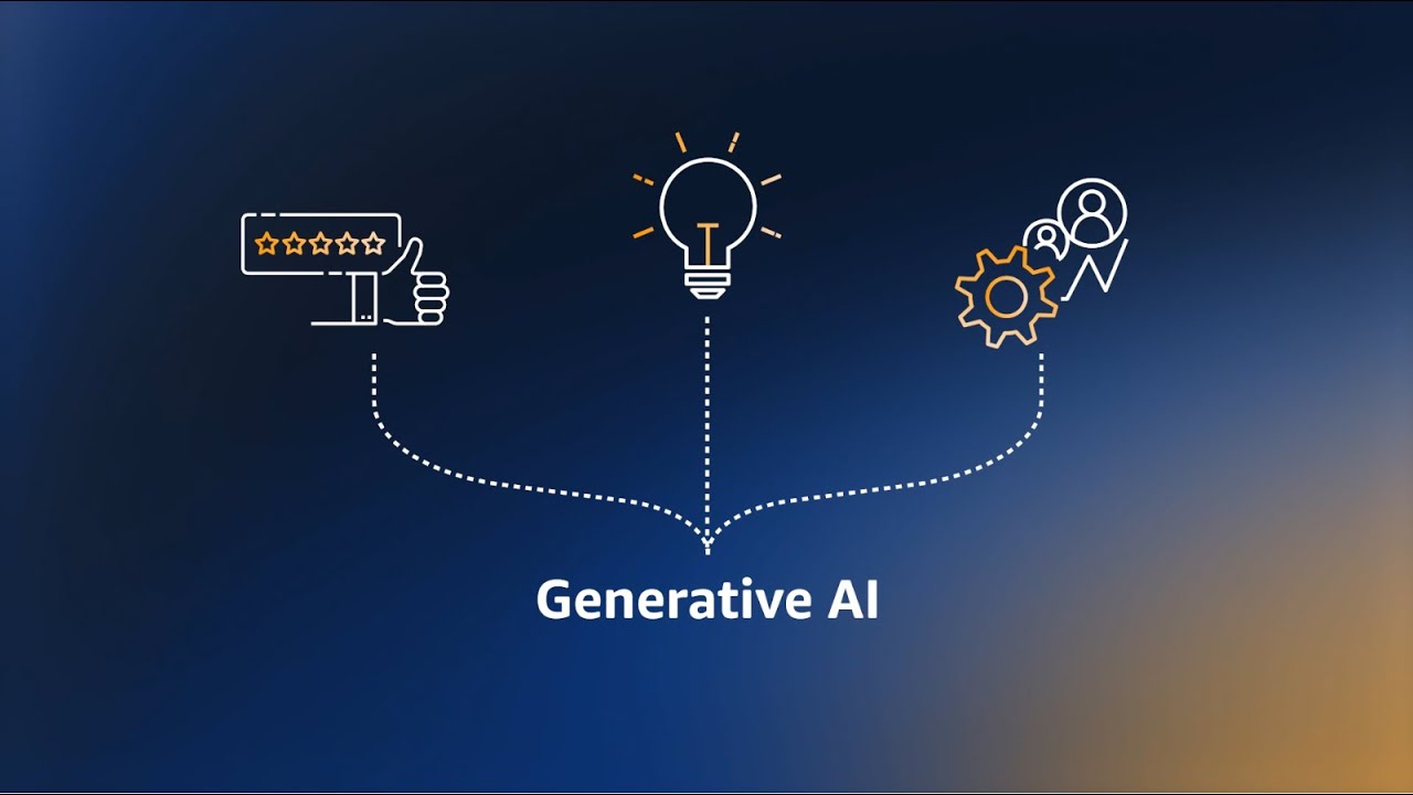 Illustration showing generative AI enabling travel and hospitality solutions, with icons of a thumbs up review, a lightbulb, and a gear connected to people, on a blue background.