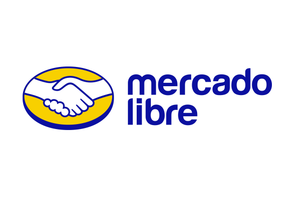 Logo of Mercado Libre featuring two hands shaking inside a yellow oval next to the brand name in blue text.