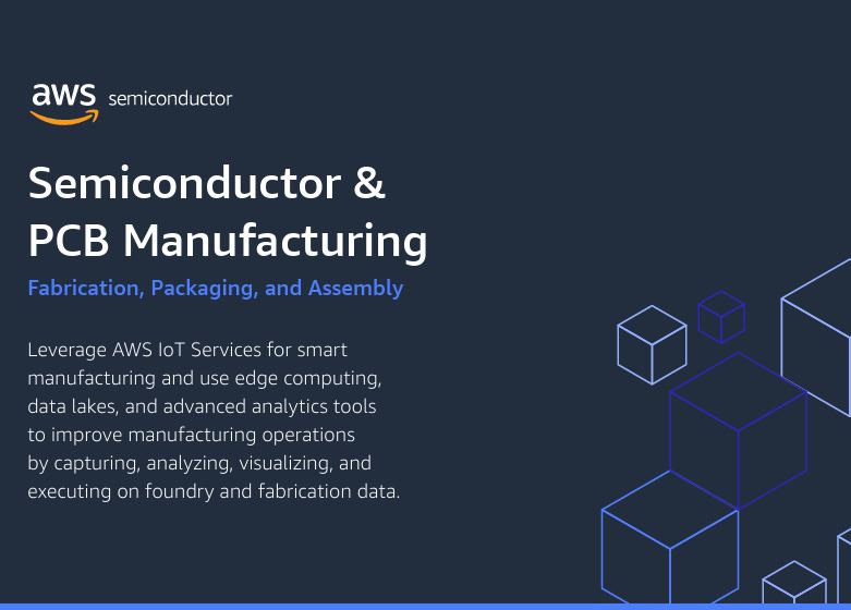 Infographic highlighting how AWS IoT Services support smart semiconductor and PCB manufacturing with edge computing, data lakes, and advanced analytics for improving operations such as fabrication, packaging, and assembly.