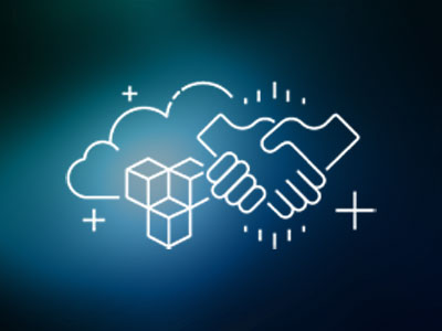 Illustration of a handshake, a cloud, and cubes symbolizing collaboration and technology integration.