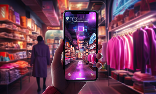 A hand holding a smartphone with a generative AI-powered retail shopping assistant app, visualized with augmented reality overlays, inside a modern clothing and consumer packaged goods (CPG) store. The store has shelves with neatly arranged products and vibrant lighting, illustrating innovation in retail technology.
