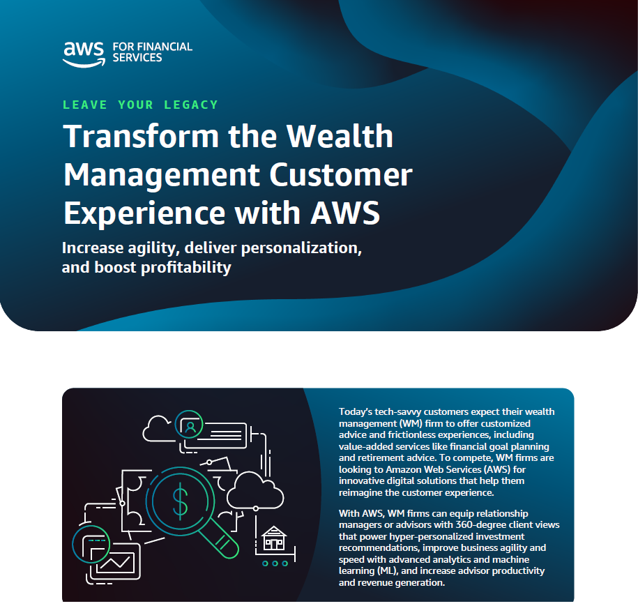 "Promotional graphic for AWS Financial Services highlighting solutions to transform wealth management customer experiences with increased agility, personalization, and profitability."