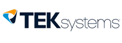 Logo of TEKsystems, featuring stylized text with a colorful triangular design element.