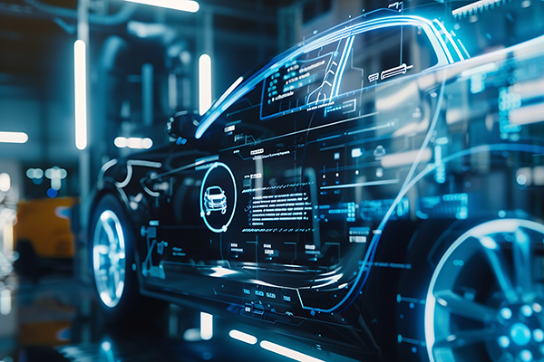 Futuristic car with glowing digital interface overlays displaying technical data in a high-tech environment.