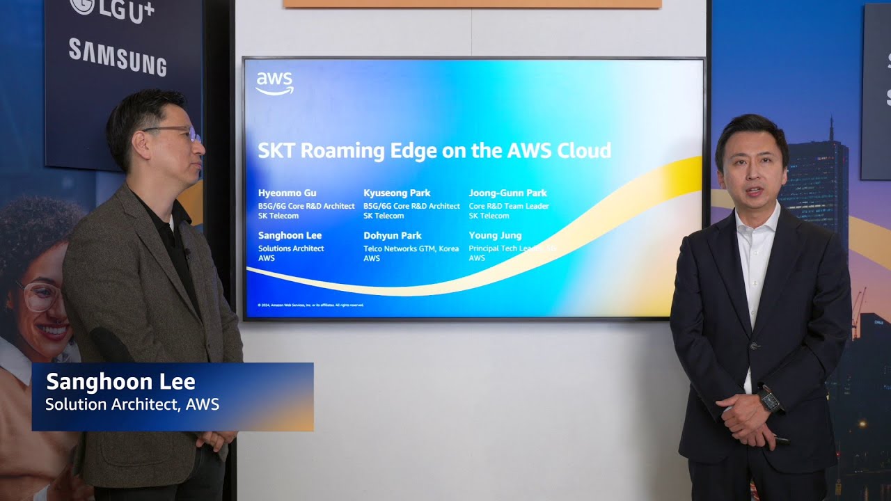 Thumbnail image for a YouTube presentation titled 'SKT Roaming Edge on the AWS Cloud', showing two people standing in front of a digital display with AWS and SK Telecom content, featuring logos for LG U+, Samsung, and AWS.