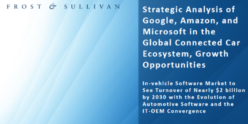 Thumbnail image featuring the Frost & Sullivan logo and a summary title for a report on the strategic analysis of Google, Amazon, and Microsoft in the global connected car ecosystem, highlighting growth opportunities and projected in-vehicle software market turnover by 2030.