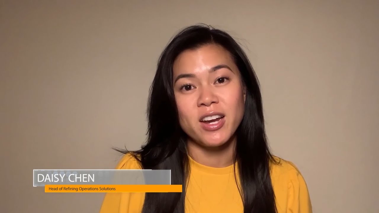 Text overlay reads "Daisy Chen, Head of Refining Operations Solutions" on a neutral background.