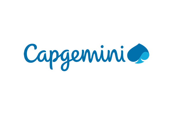 Capgemini logo featuring the brand name in a handwritten-style blue font with a blue spade symbol on the right.