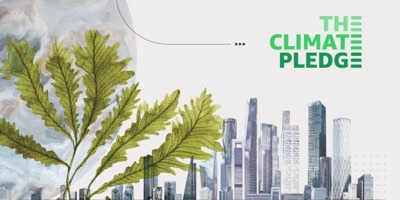 An artistic illustration featuring a green leaf blending into a modern city skyline, symbolizing sustainability and The Climate Pledge initiative.