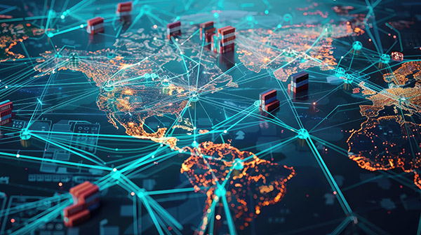 A digital visualization of a world map showing interconnected supply chain routes with cargo containers and illuminated city locations, representing global logistics and transportation networks.