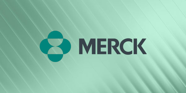 The Merck logo, featuring a geometric icon and the word 'MERCK' in bold letters, displayed on a teal background with diagonal lines.