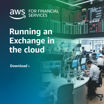 "Office with financial traders at desks and stock market screens, featuring text 'AWS for Financial Services: Running an Exchange in the Cloud' and a 'Download' prompt."