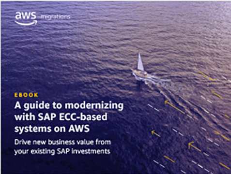 eBook cover titled 'A guide to modernizing with SAP ECC-based systems on AWS' featuring a boat sailing on the water, representing modernization and new business value from existing SAP investments on AWS.