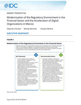 Alt-text: Report cover titled "Modernization of the Regulatory Environment in the Financial Sector and the Acceleration of Digital Organizations in Mexico" by IDC, featuring key takeaways and recommended actions in a two-column layout.