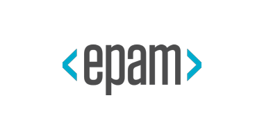 EPAM company logo with blue angle brackets on either side, shown on a black background, representing EPAM as a telecom partner.