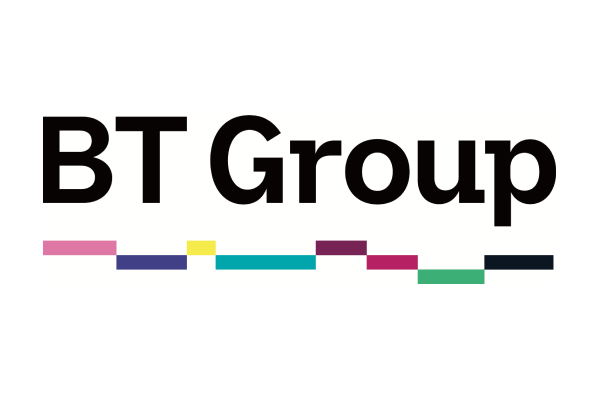 The logo of BT Group, featuring bold black text and a series of colorful rectangles below the company name on a white background.