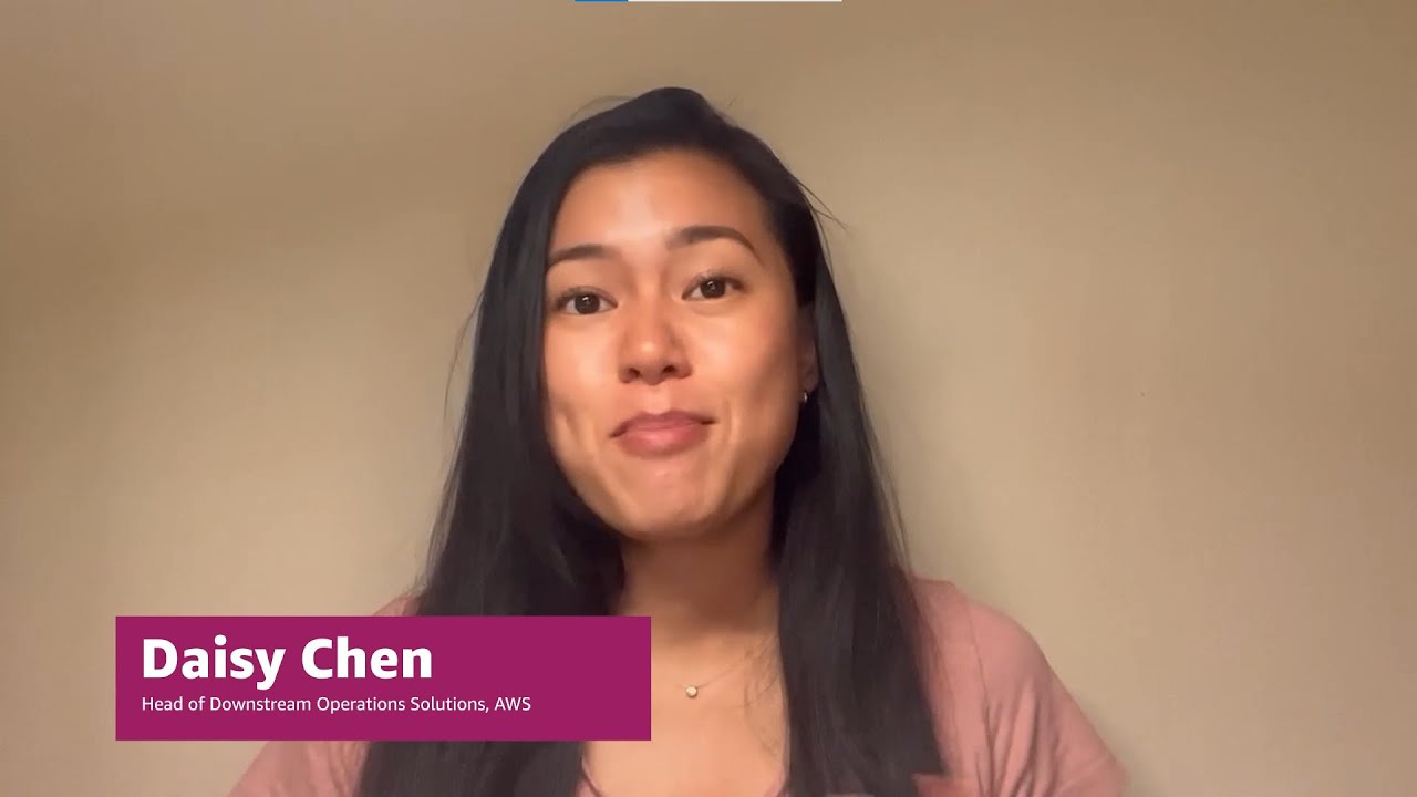 Text overlay reads: "Daisy Chen, Head of Downstream Operations Solutions, AWS" on a plain beige background.