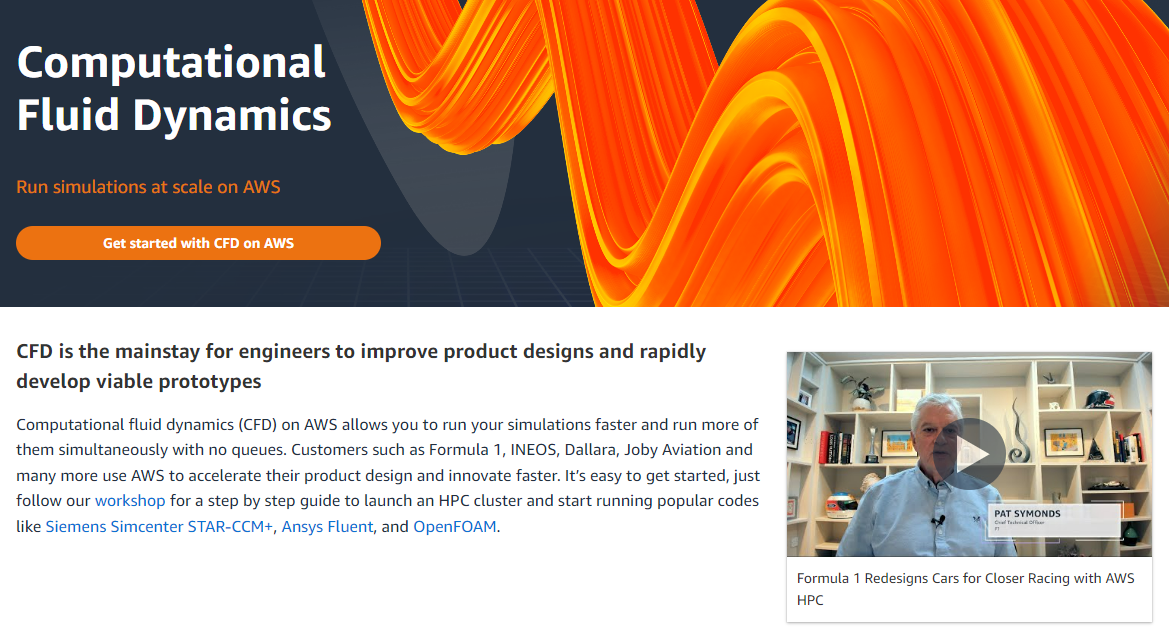 Computational Fluid Dynamics banner with orange and yellow fluid simulation graphics, promoting running CFD simulations at scale on AWS.