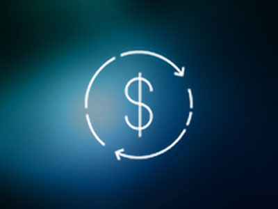White dollar sign with circular arrows on a dark blue gradient background.