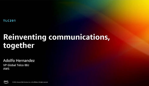 Presentation slide titled 'Reinventing communications, together' for TLC201, featuring Adolfo Hernandez, VP Global Telco IBU, AWS. The background includes a vibrant color gradient.