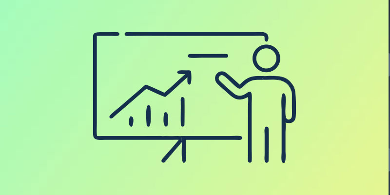 Line illustration of a person presenting a growth chart with an upward trend on a board, representing industry resources or business growth concepts, on a green gradient background.