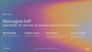 "Reimagine SAP" presentation slide with names and titles of speakers from ENGIE, HP, SAP, and AWS, set against a gradient background.