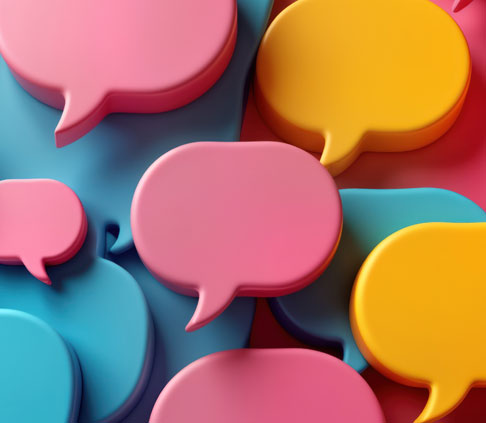 Colorful 3D speech bubbles in pink, yellow, and blue overlapping on a vibrant background.