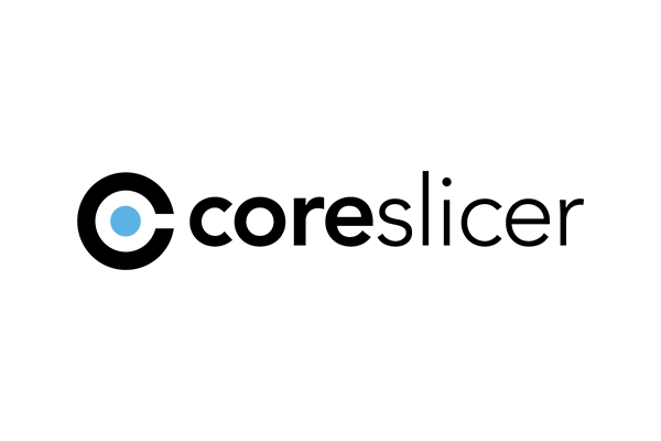 Logo for CoreSlicer, featuring the word 'CoreSlicer' in black text with a single light blue dot on the left side.