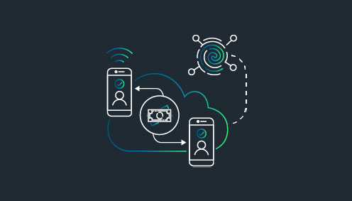 Illustration of two smartphones exchanging money digitally through a cloud, with a network symbol in the background.