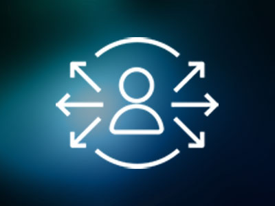 Icon of a person surrounded by outward-pointing arrows on a dark gradient background.