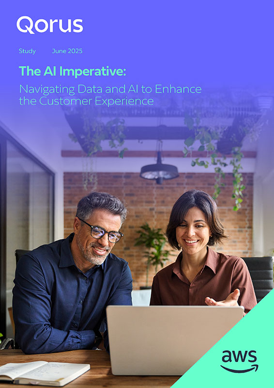 Cover image for the Qorus study titled 'The AI Imperative: Navigating Data and AI to Enhance the Customer Experience' (June 2025), featuring two professionals smiling and collaborating at a desk with a laptop, plants, and a notebook, with AWS branding.
