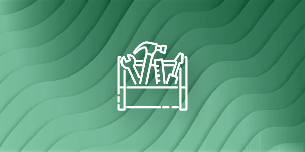 A white line drawing of a toolbox with tools including a hammer, wrench, and ruler, centered on a green wavy patterned background.