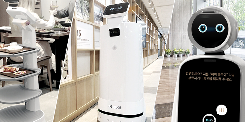 LG CLOi service robots in various settings, including delivering food in a restaurant, navigating a hallway, and displaying a friendly "Hi" message on its screen.