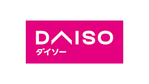 DAISO brand logo with English and Japanese text on a pink background.