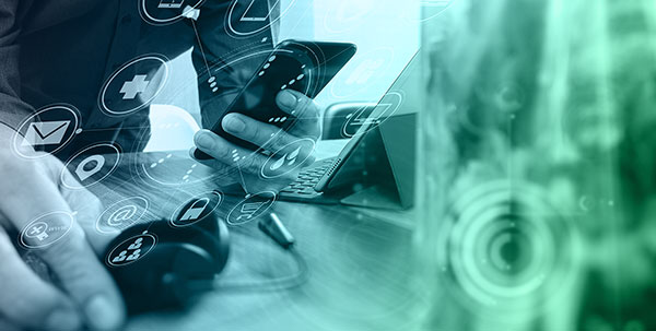 A person using a smartphone and a headset at a desk with a laptop, overlaid with digital icons representing communication, support, and digital services, symbolizing a modern digital service desk environment.