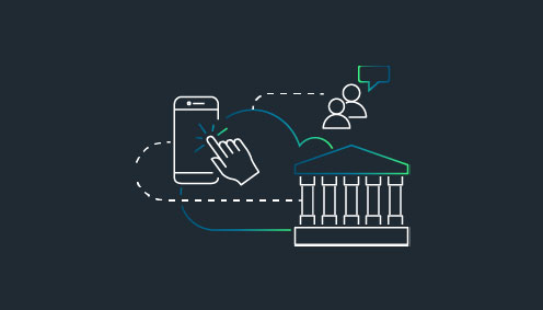 Line art illustration of a smartphone, a government building, and speech bubbles connected by dotted lines, symbolizing digital communication and services.