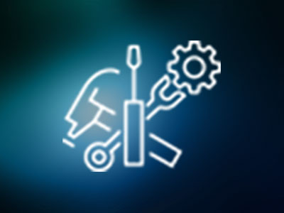 Outline of tools including a screwdriver, wrench, gear, and helmet on a blurred blue background.