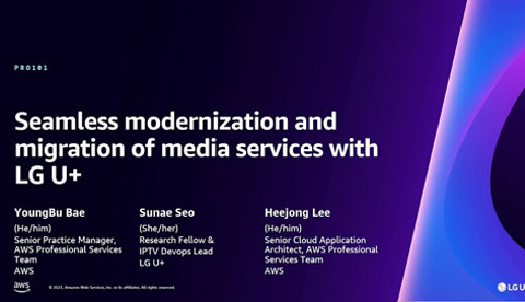 Presentation slide titled 'Seamless modernization and migration of media services with LG U+' featuring speakers YoungBu Bae (AWS), Sunae Seo (LG U+), and Heejong Lee (AWS). The session is related to AWS and LG U+ and focuses on media service modernization and migration in the telecommunications industry.