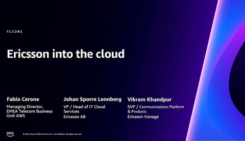 Presentation slide titled 'Ericsson into the cloud' featuring speakers Fabio Cerone (AWS), Johan Sporre Lennberg (Ericsson AB), and Vikram Khandpur (Ericsson Vonage) for a telecom session identified as TLC201.