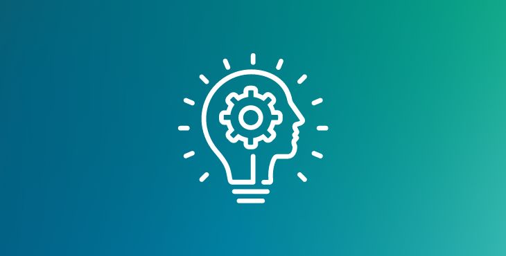 Icon representing a head inside a lightbulb with a gear, symbolizing innovation and generative AI, on a blue-green gradient background.