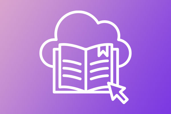 An icon depicting an open book with a bookmark and a computer cursor in front of a cloud shape, on a purple gradient background. Represents cloud-based health resources or learning materials.