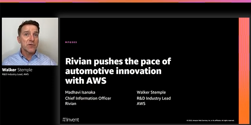 Presentation slide featuring Walker Stemple from AWS and Madhavi Isanaka from Rivian discussing how Rivian drives automotive innovation using AWS solutions. The slide includes a video still of Walker Stemple and session details from AWS re:Invent.