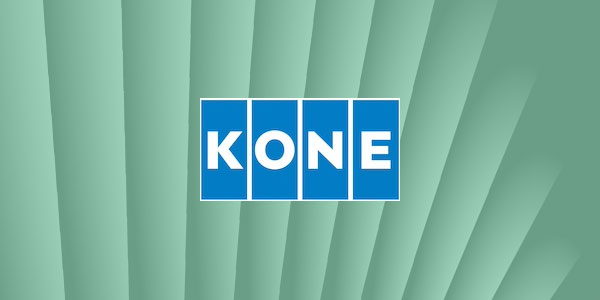 The KONE logo displayed on an abstract green background with vertical shapes.