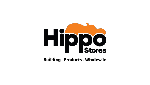 Logo for Hippo Stores, featuring an orange hippopotamus silhouette above the company name.