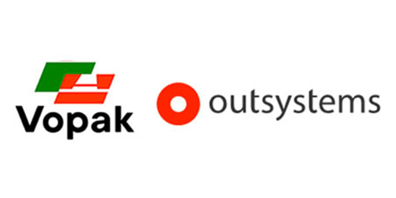 Logos of Vopak and OutSystems side by side, with Vopak featuring green and red geometric shapes and OutSystems displaying a red circular icon.