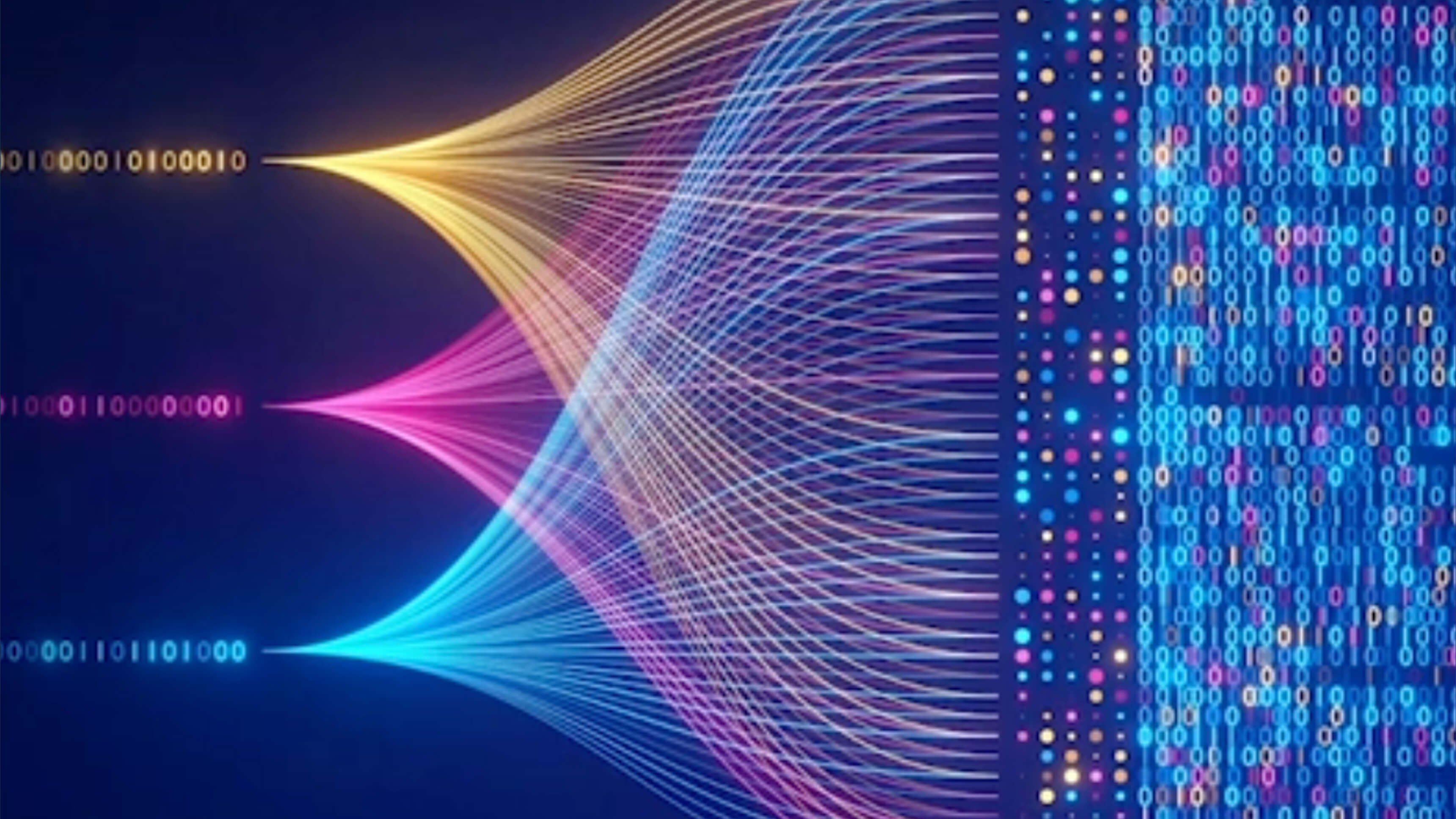 Abstract digital artwork featuring colorful lines converging and diverging, with binary code and data points, representing data connections and information flow.